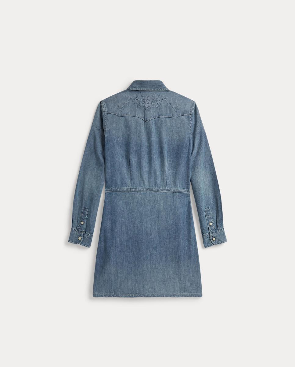 Vestido Curto Camiseiro de Ganga com Bordados Azul-índigo-5