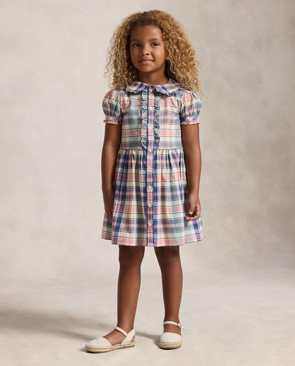 Imagem 0 de Vestido Curto de Madras com Debruado de Folhos