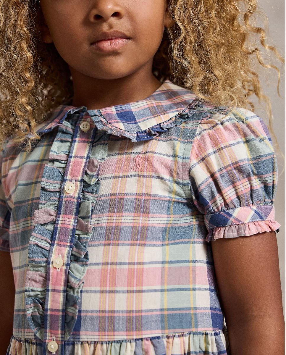 Vestido Curto de Madras com Debruado de Folhos Multicolor-3