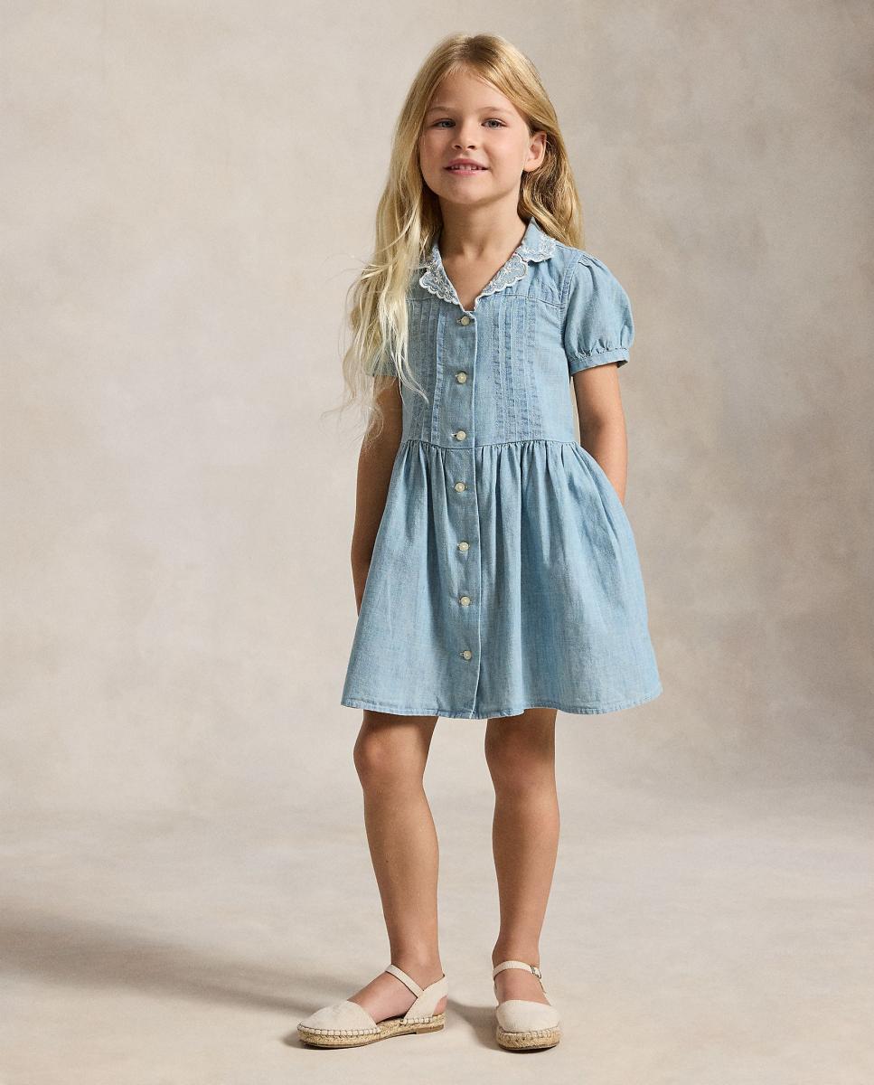 Vestido Curto em Chambray com Bordados na Gola Azul-claro-1