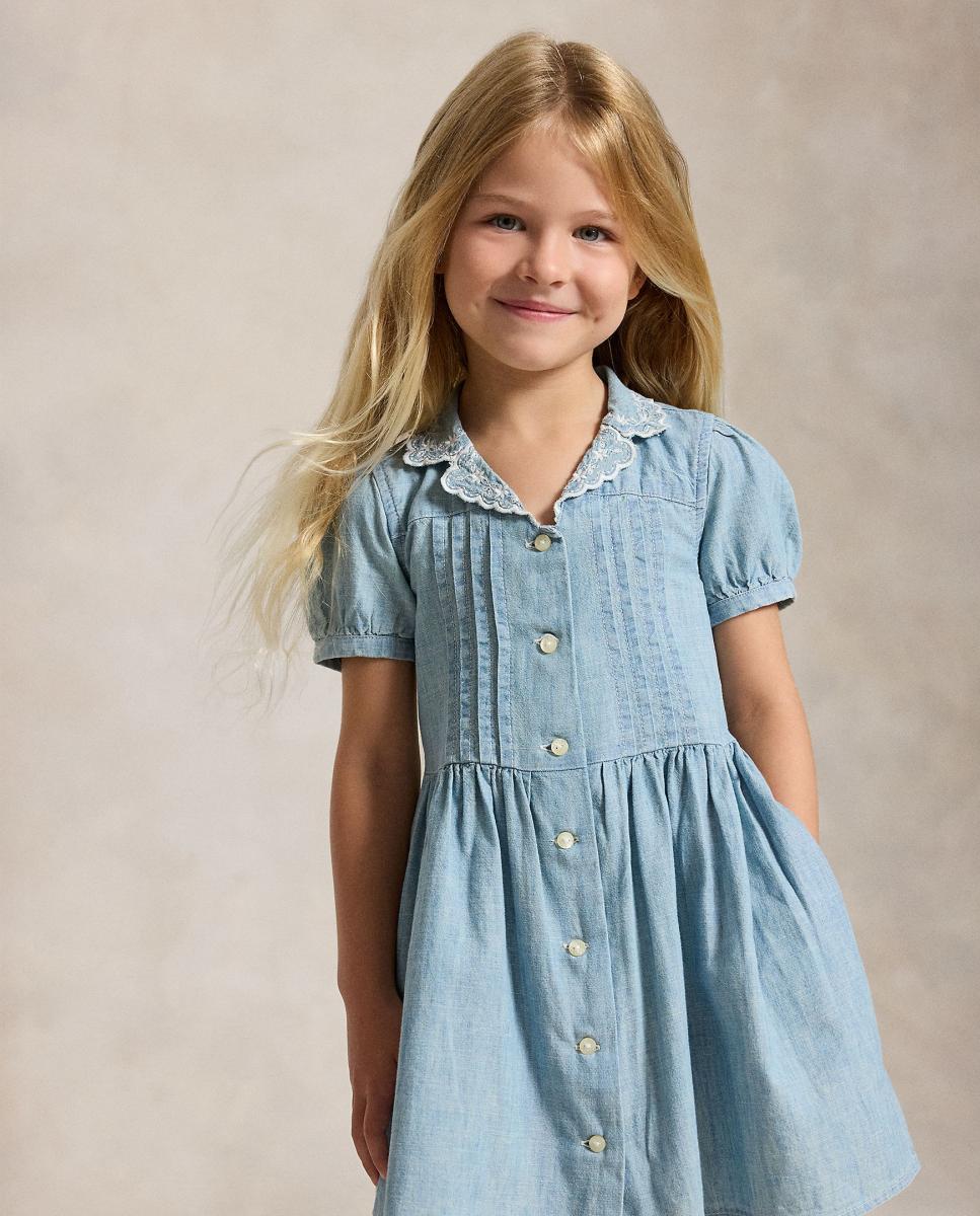 Vestido Curto em Chambray com Bordados na Gola Azul-claro-2