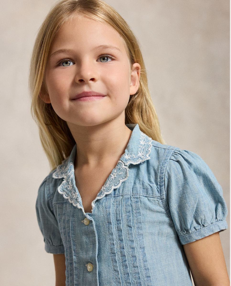 Vestido Curto em Chambray com Bordados na Gola Azul-claro-3