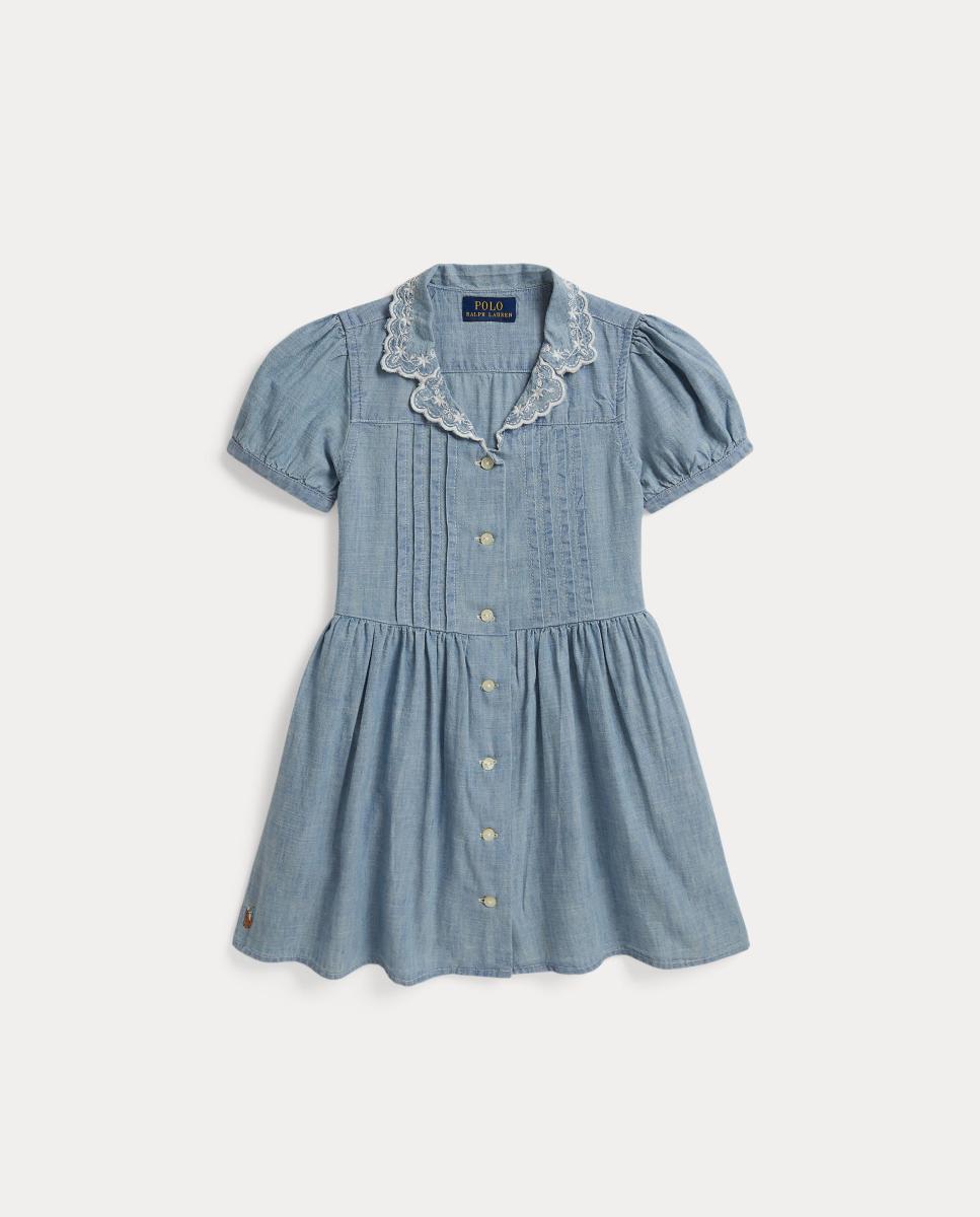 Vestido Curto em Chambray com Bordados na Gola Azul-claro-4