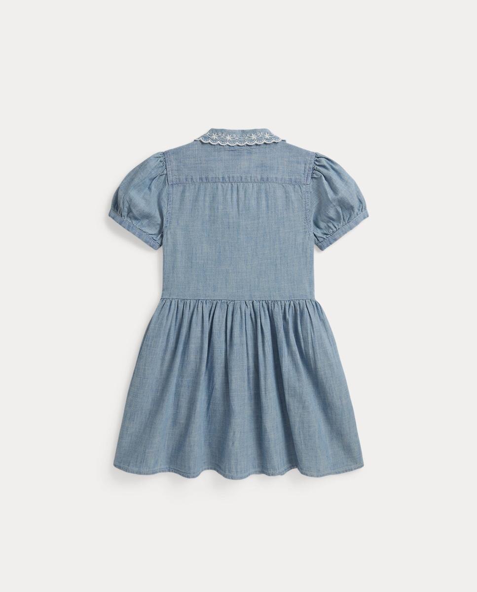 Vestido Curto em Chambray com Bordados na Gola Azul-claro-5