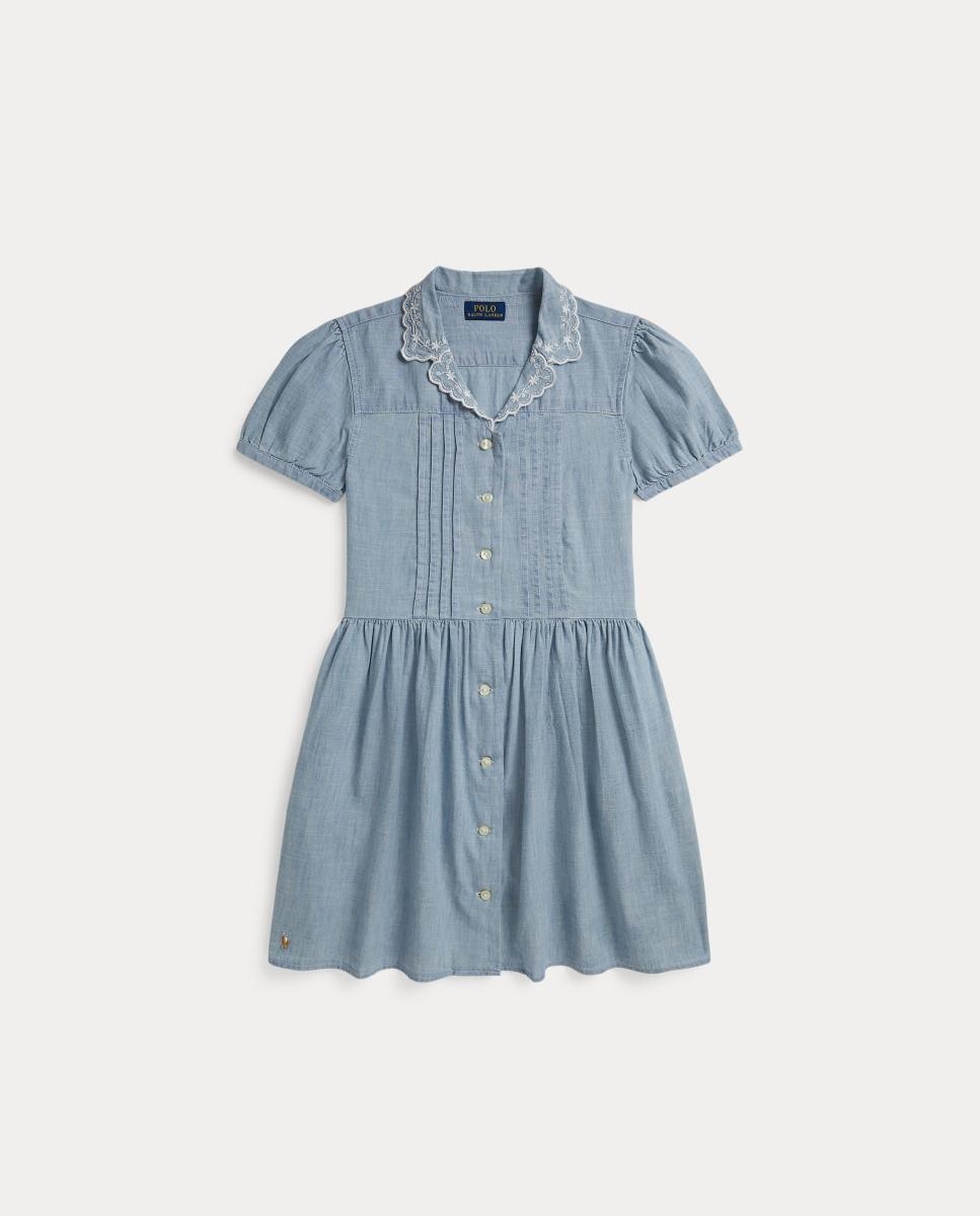 Imagem 0 de Vestido Curto em Chambray com Bordados na Gola