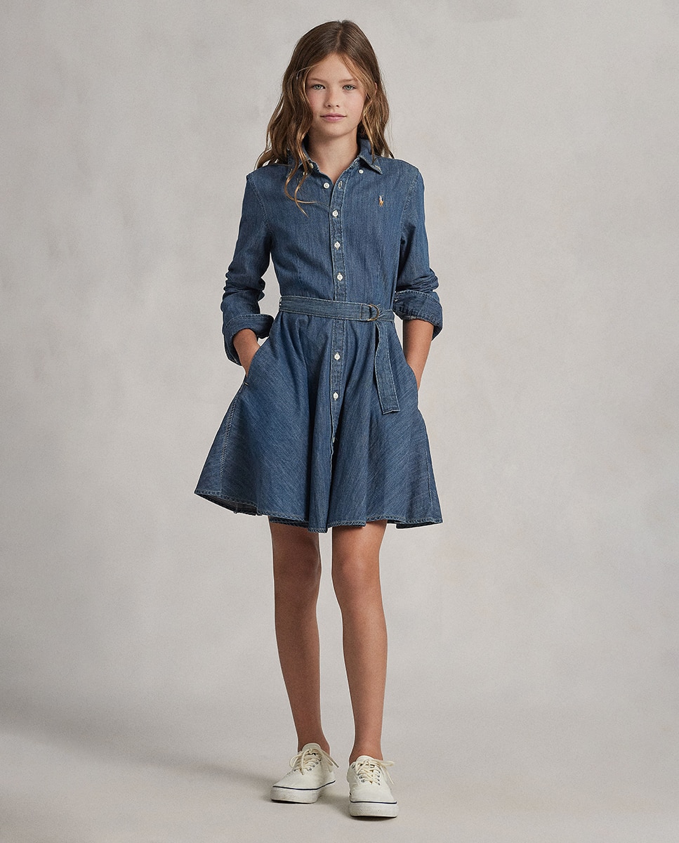Vestido Curto Estilo Camiseiro de Ganga de Algodão Polo Ralph Lauren Azul-índigo-1