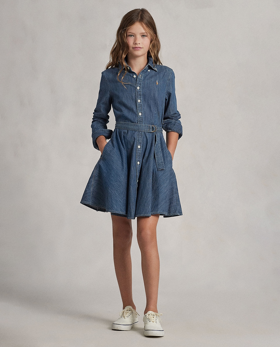 Imagen 0 de Vestido corto de niña de estilo camisero denim de algodón Azul índigo