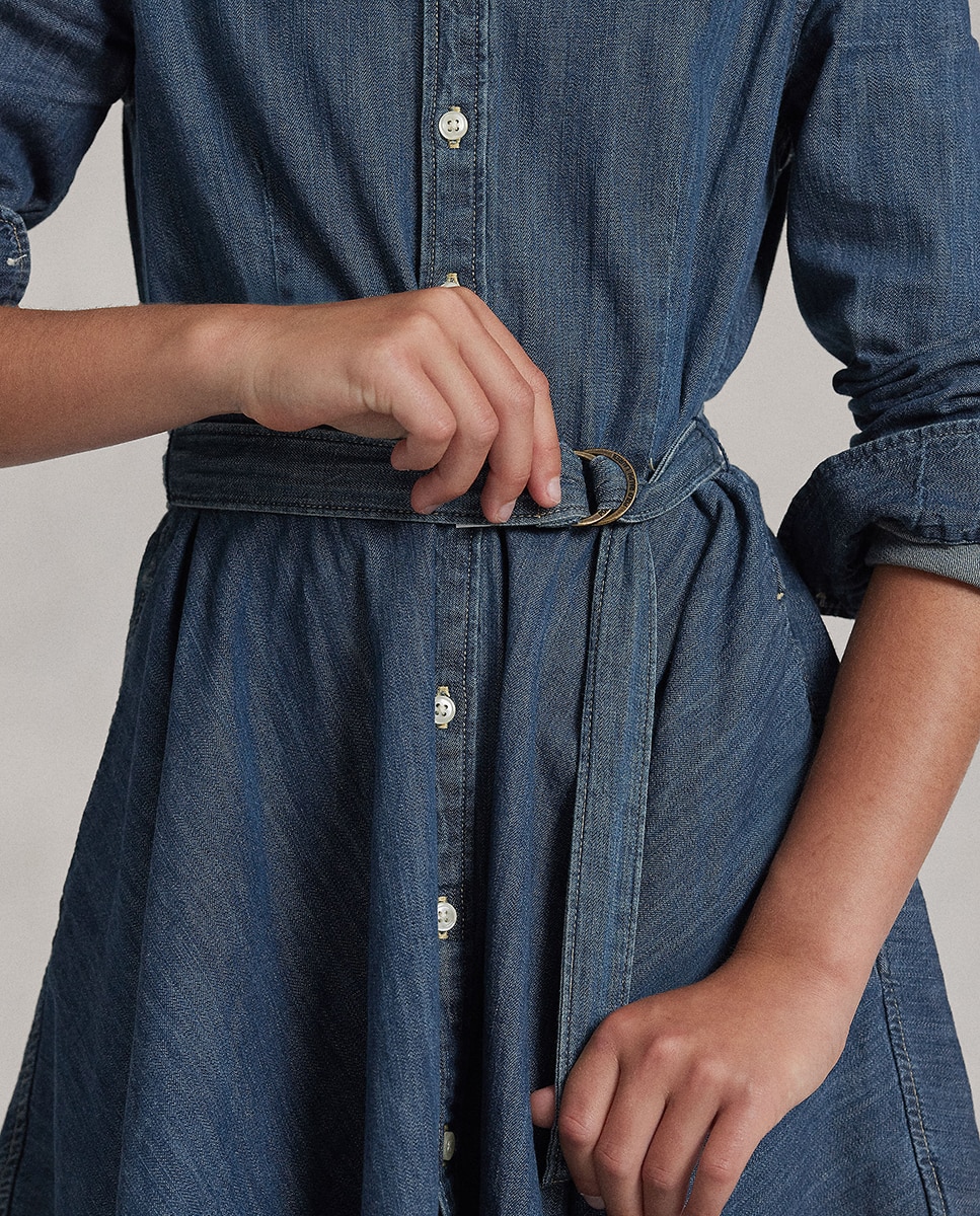 Vestido Curto Estilo Camiseiro de Ganga de Algodão Polo Ralph Lauren Azul-índigo-2