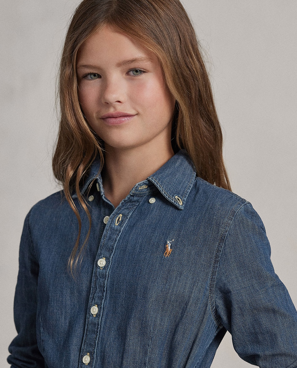 Vestido Curto Estilo Camiseiro de Ganga de Algodão Polo Ralph Lauren Azul-índigo-3
