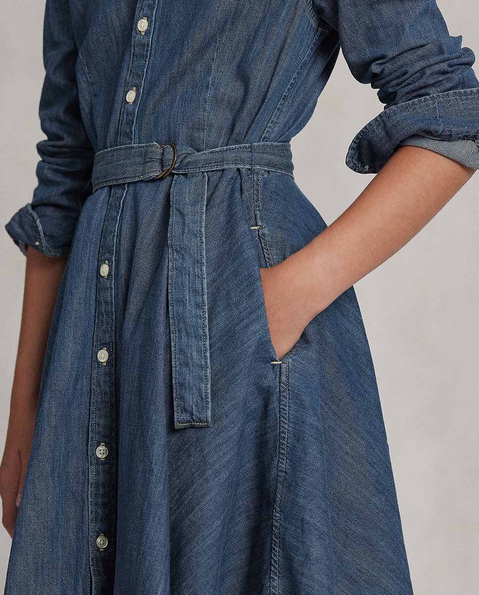 Vestido Curto Estilo Camiseiro de Ganga de Algodão Polo Ralph Lauren Azul-índigo-4