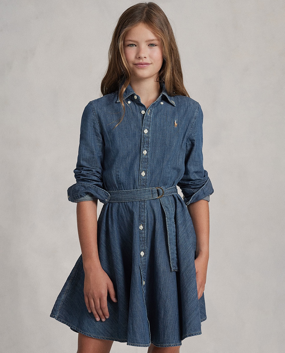 Vestido Curto Estilo Camiseiro de Ganga de Algodão Polo Ralph Lauren Azul-índigo-5