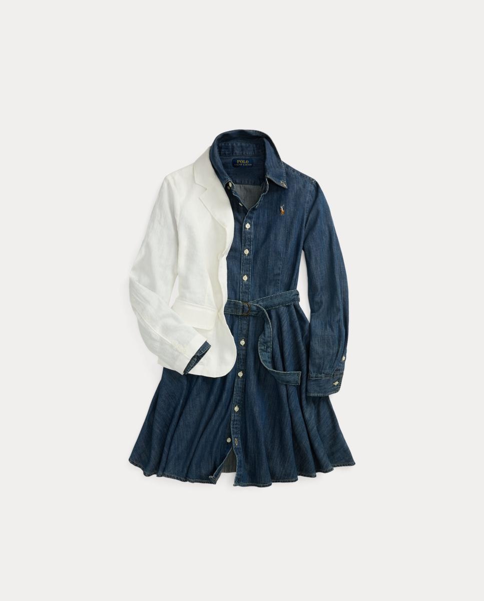 Vestido Curto Estilo Camiseiro de Ganga de Algodão Polo Ralph Lauren Azul-índigo-8