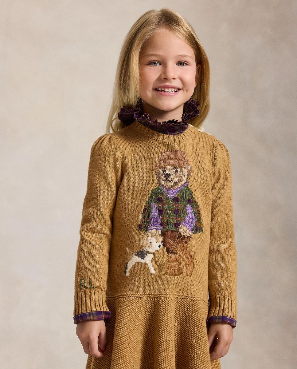 Vestido de Criança de Algodão com Polo Bear Polo Ralph Lauren Camel-2