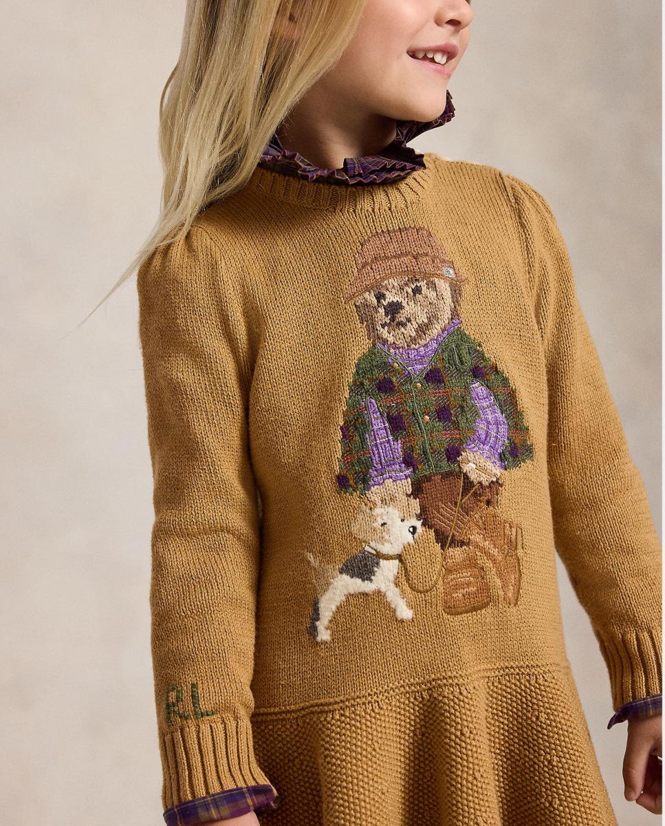 Vestido de Criança de Algodão com Polo Bear Polo Ralph Lauren Camel-3