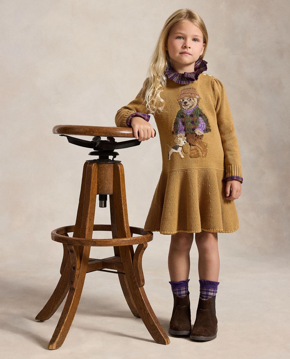 Vestido de Criança de Algodão com Polo Bear Polo Ralph Lauren Camel-4