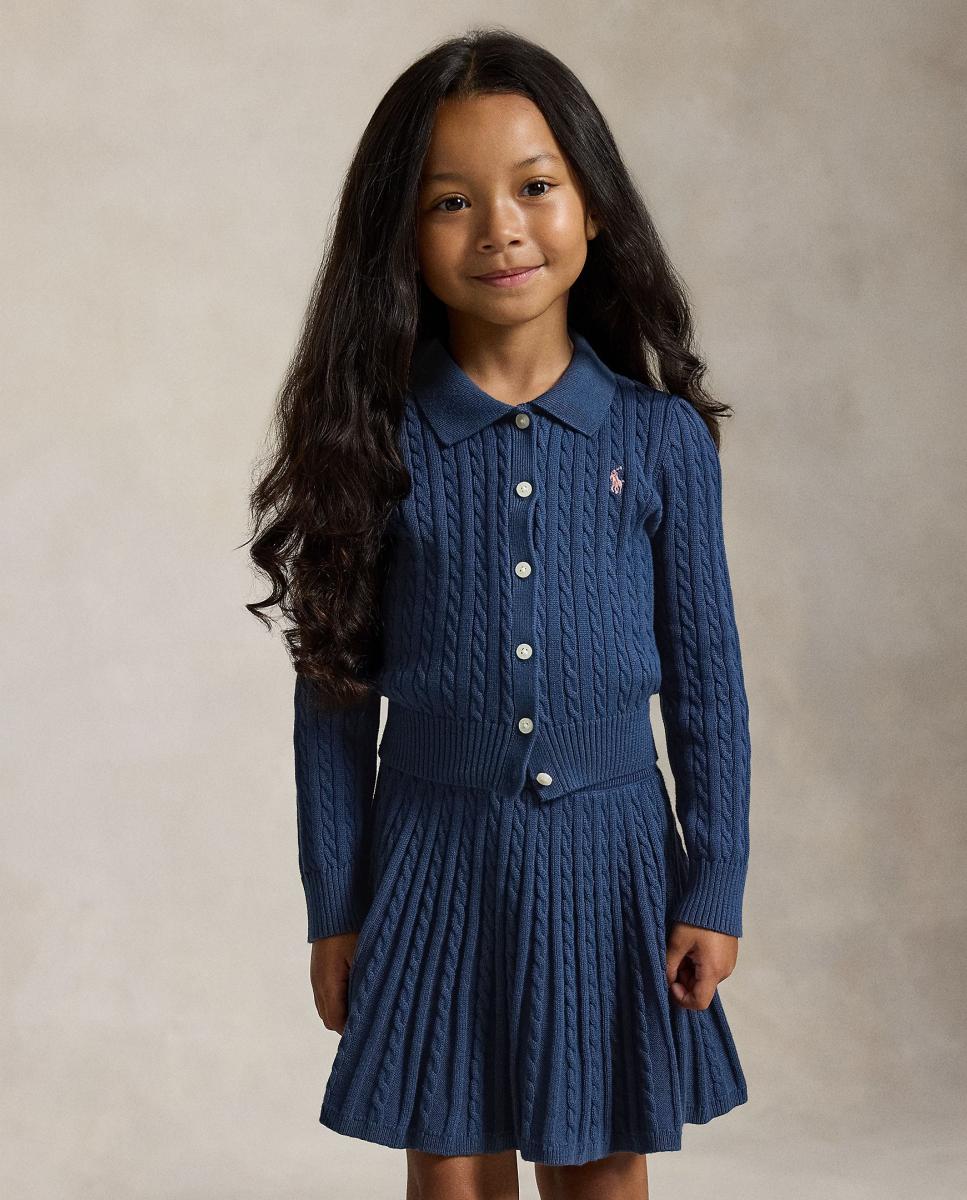 Conjunto de Cardigan Tipo Polo e Saia de Algodão Azul-marinho-2