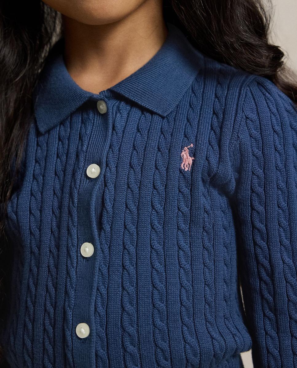 Conjunto de Cardigan Tipo Polo e Saia de Algodão Azul-marinho-3