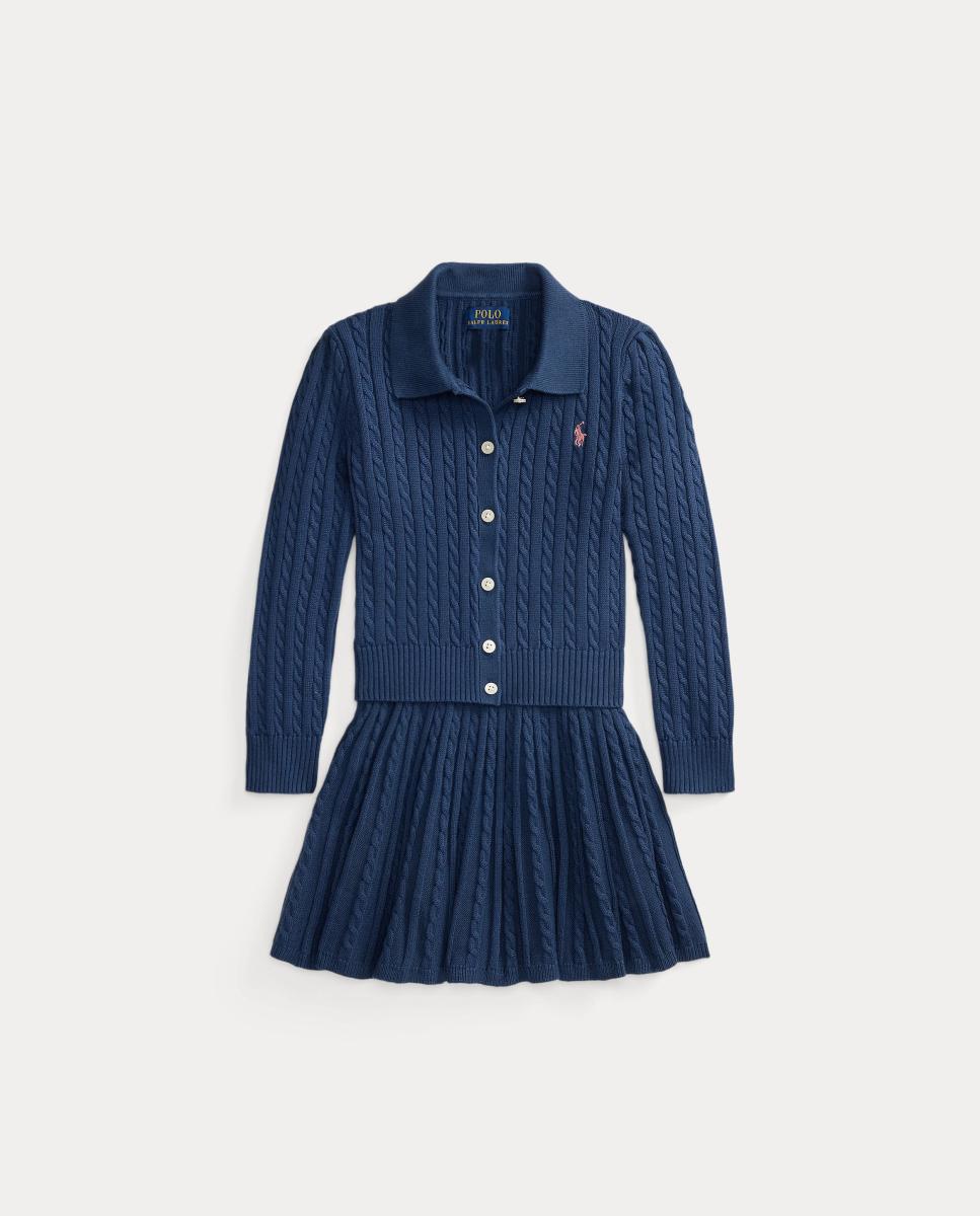 Conjunto de Cardigan Tipo Polo e Saia de Algodão Azul-marinho-5