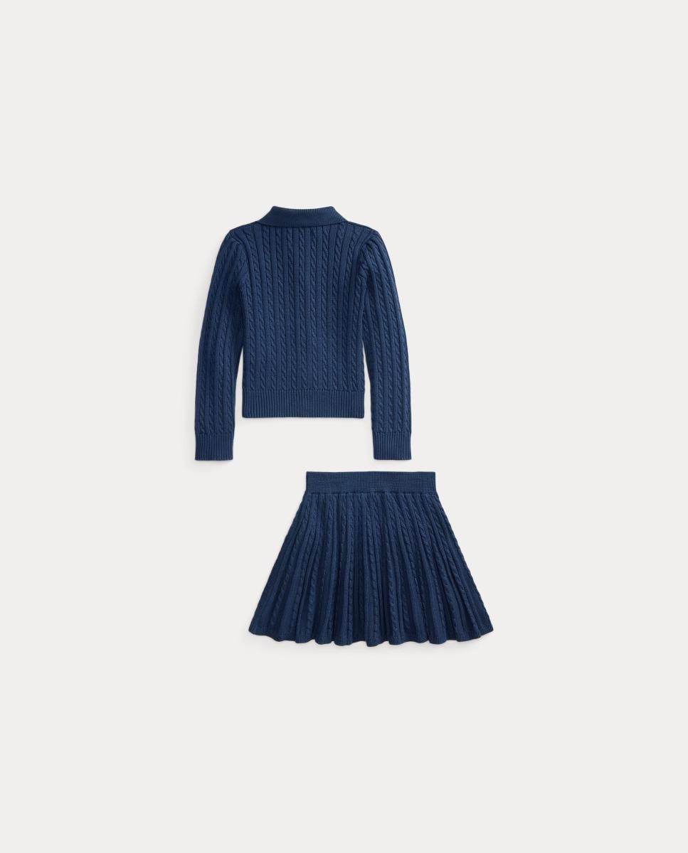 Conjunto de Cardigan Tipo Polo e Saia de Algodão Azul-marinho-6
