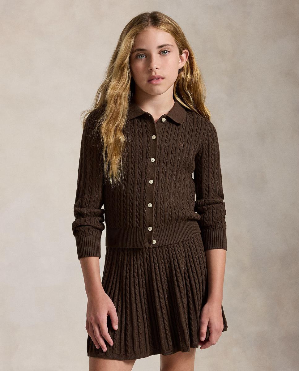 Conjunto de Cardigan Tipo Polo e Saia de Algodão Castanho-escuro-2