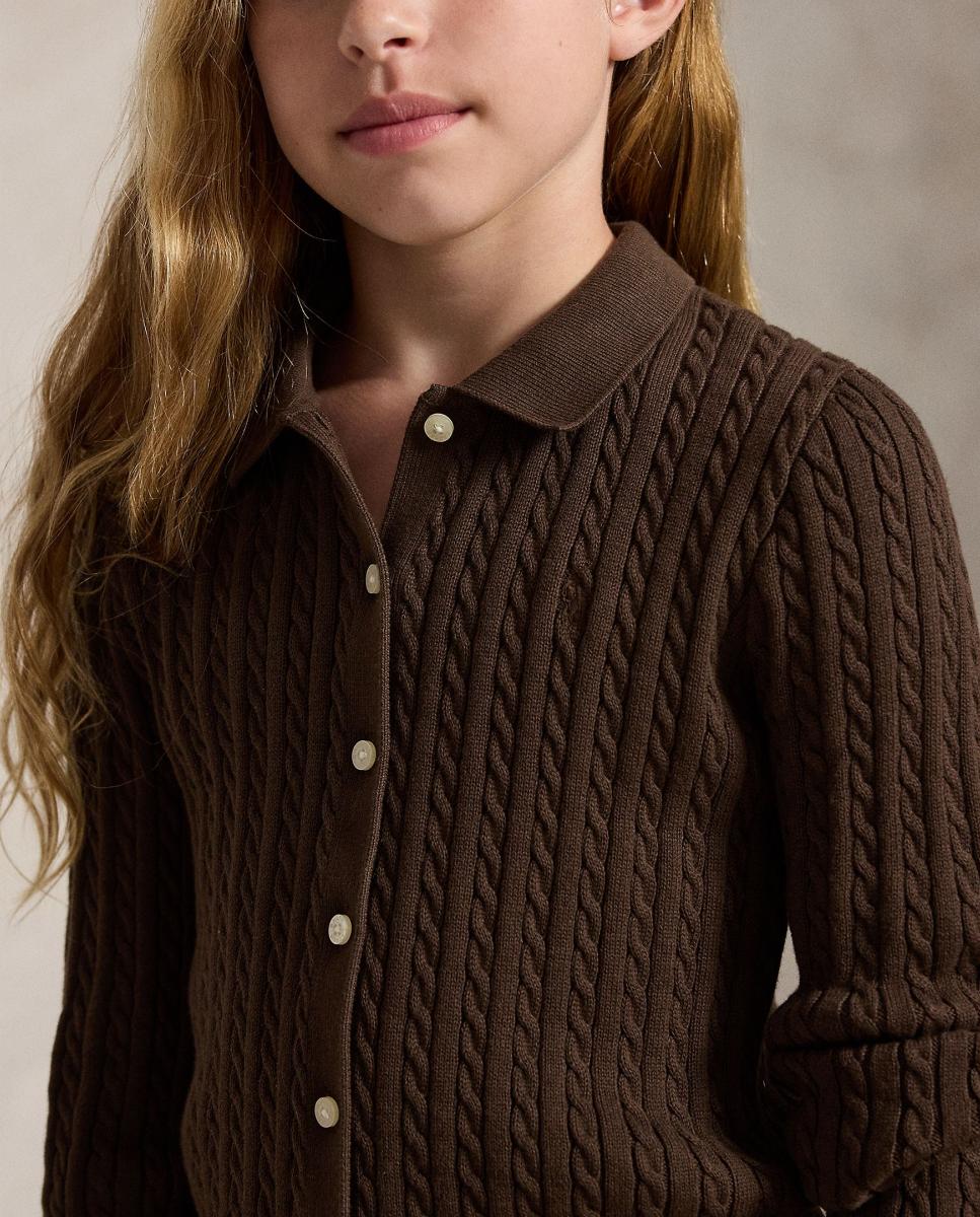 Conjunto de Cardigan Tipo Polo e Saia de Algodão Castanho-escuro-3