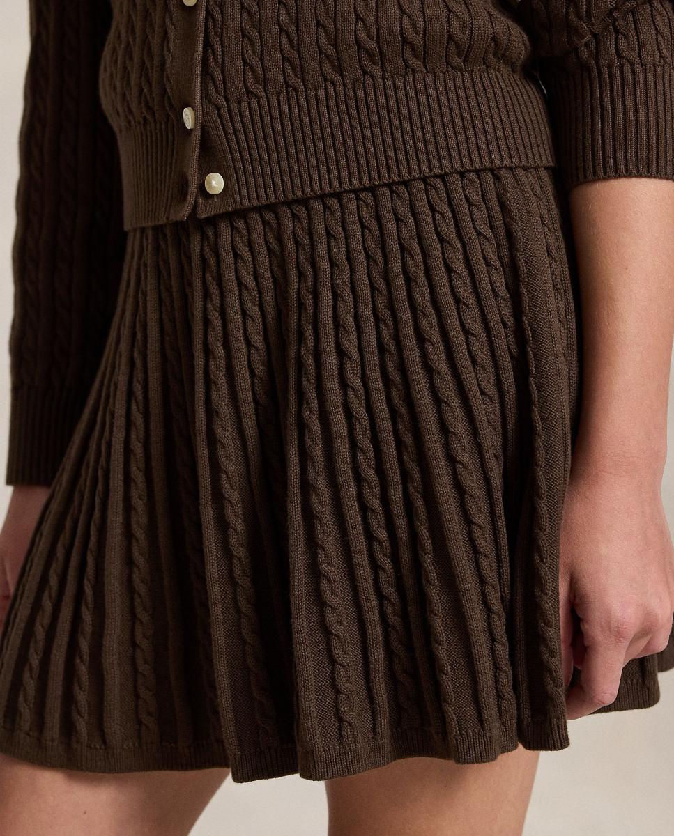 Conjunto de Cardigan Tipo Polo e Saia de Algodão Castanho-escuro-4