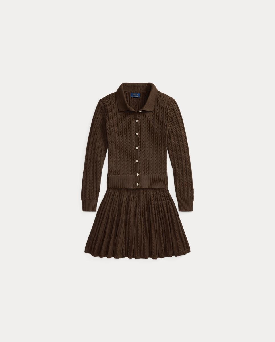 Conjunto de Cardigan Tipo Polo e Saia de Algodão Castanho-escuro-5