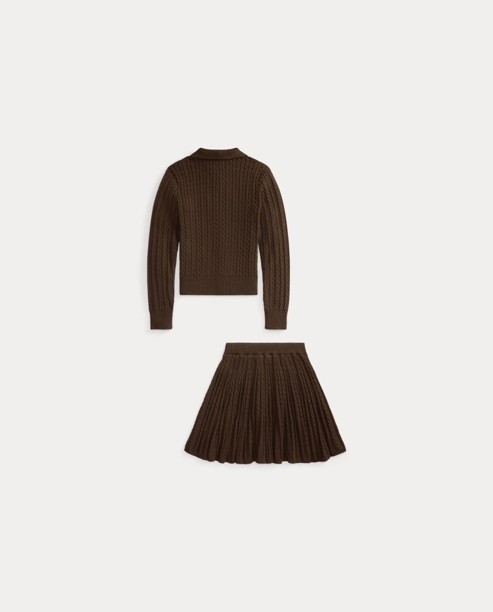 Conjunto de Cardigan Tipo Polo e Saia de Algodão Castanho-escuro-6