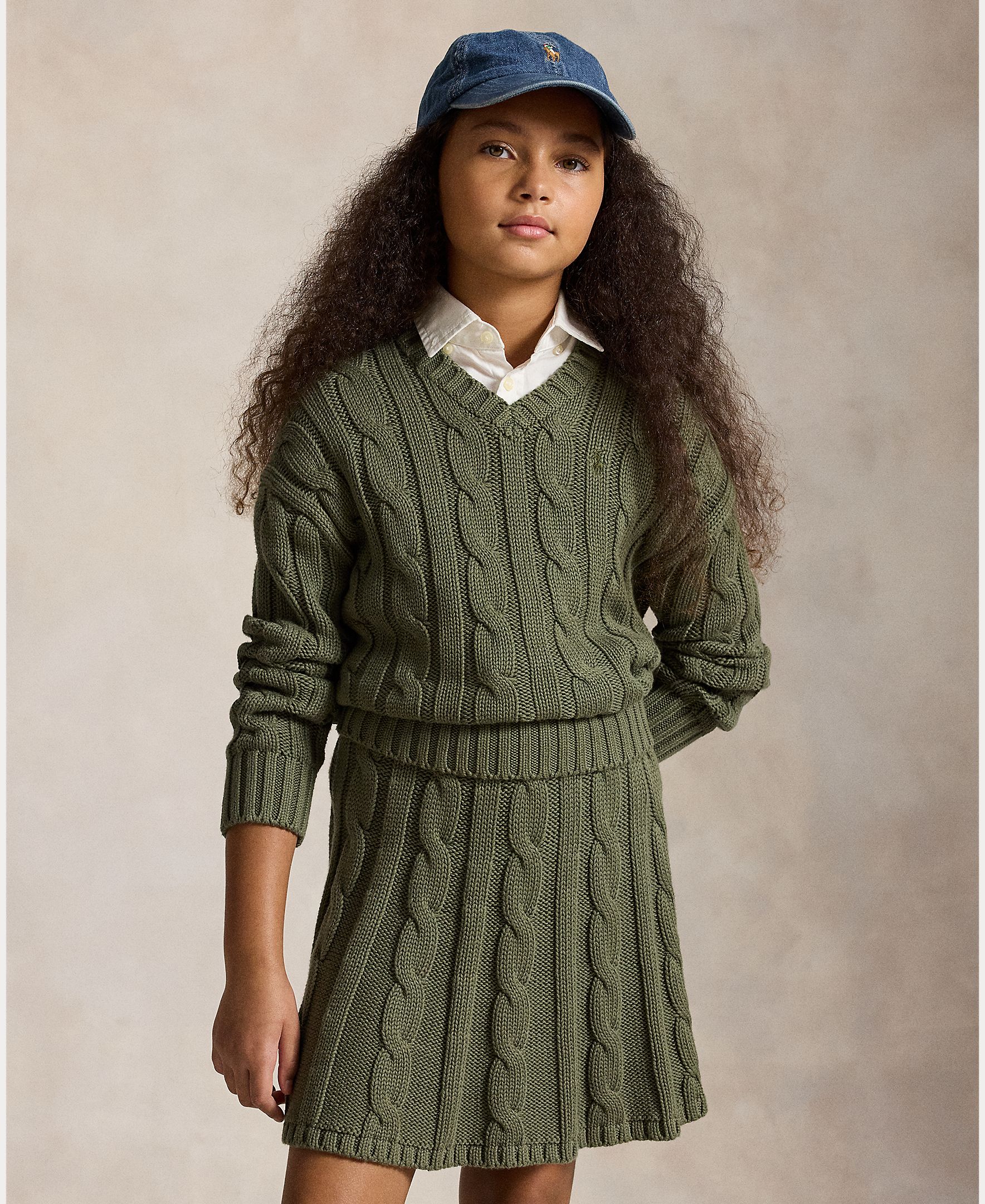 Conjunto de Camisola de Malha do Cabo e Saia de Algodão Verde-militar-2