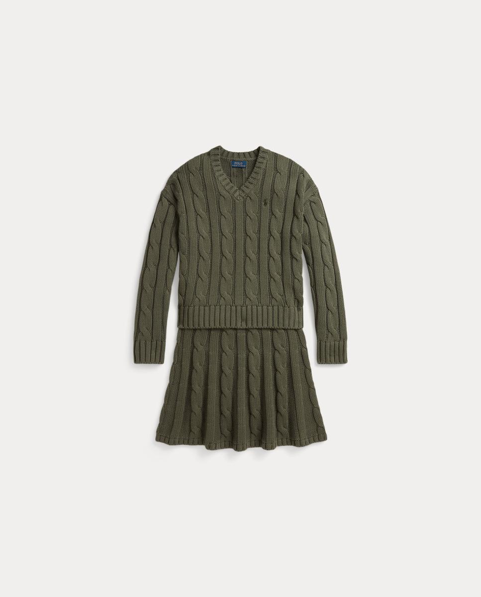 Conjunto de Camisola de Malha do Cabo e Saia de Algodão Verde-militar-5
