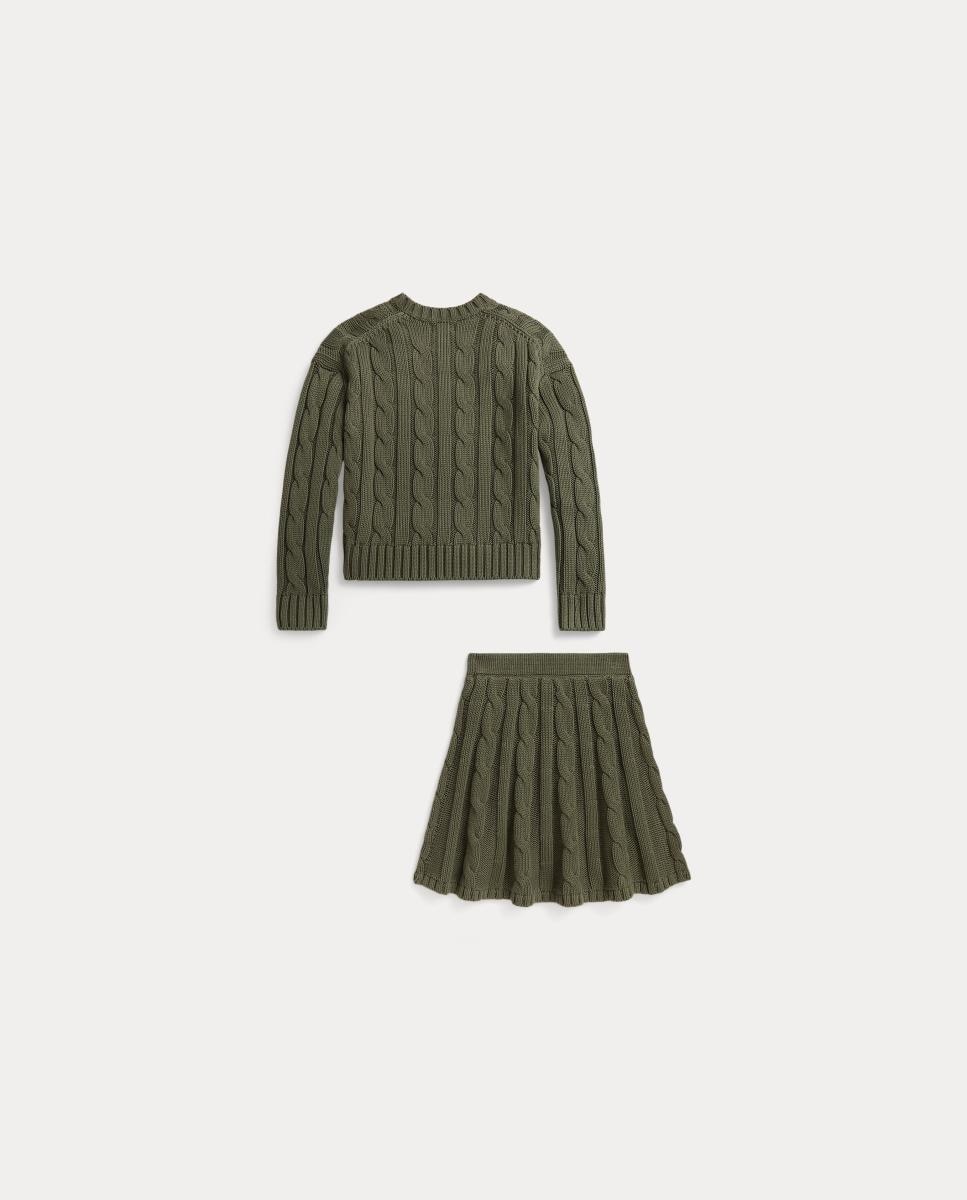 Conjunto de Camisola de Malha do Cabo e Saia de Algodão Verde-militar-6