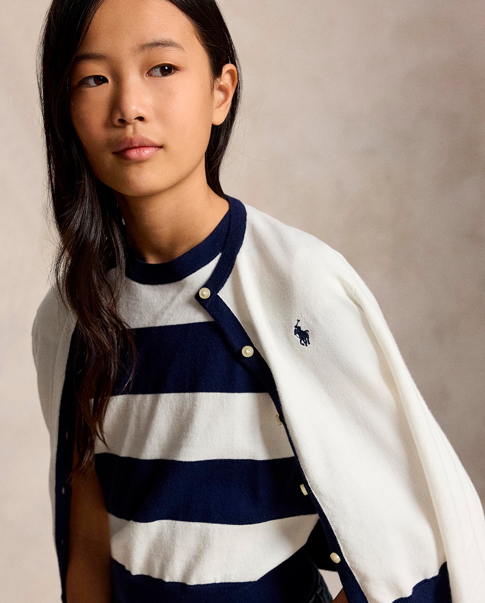 Conjunto de Cardigan e Top de Algodão Azul / Branco-2