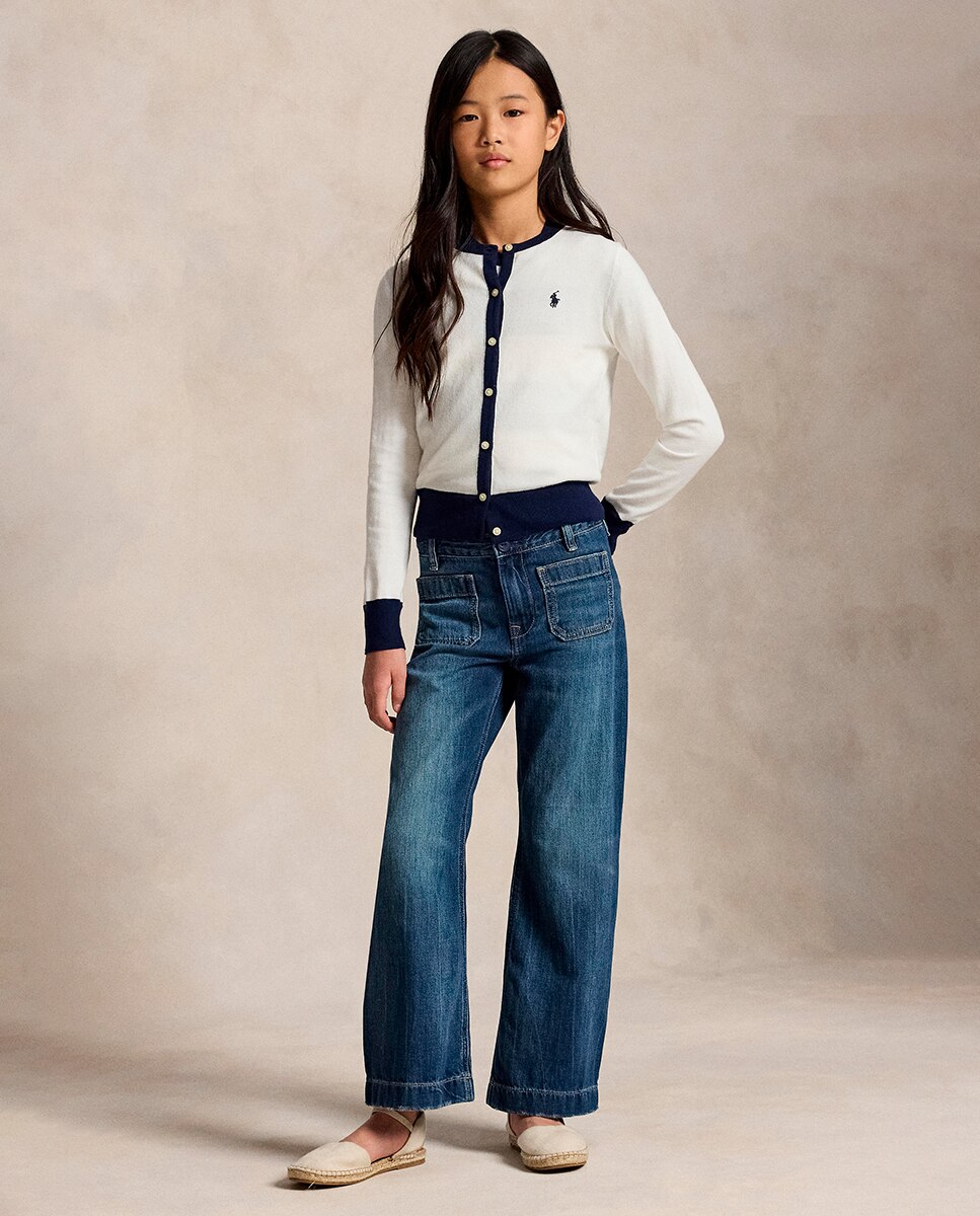 Conjunto de Cardigan e Top de Algodão Azul / Branco-3