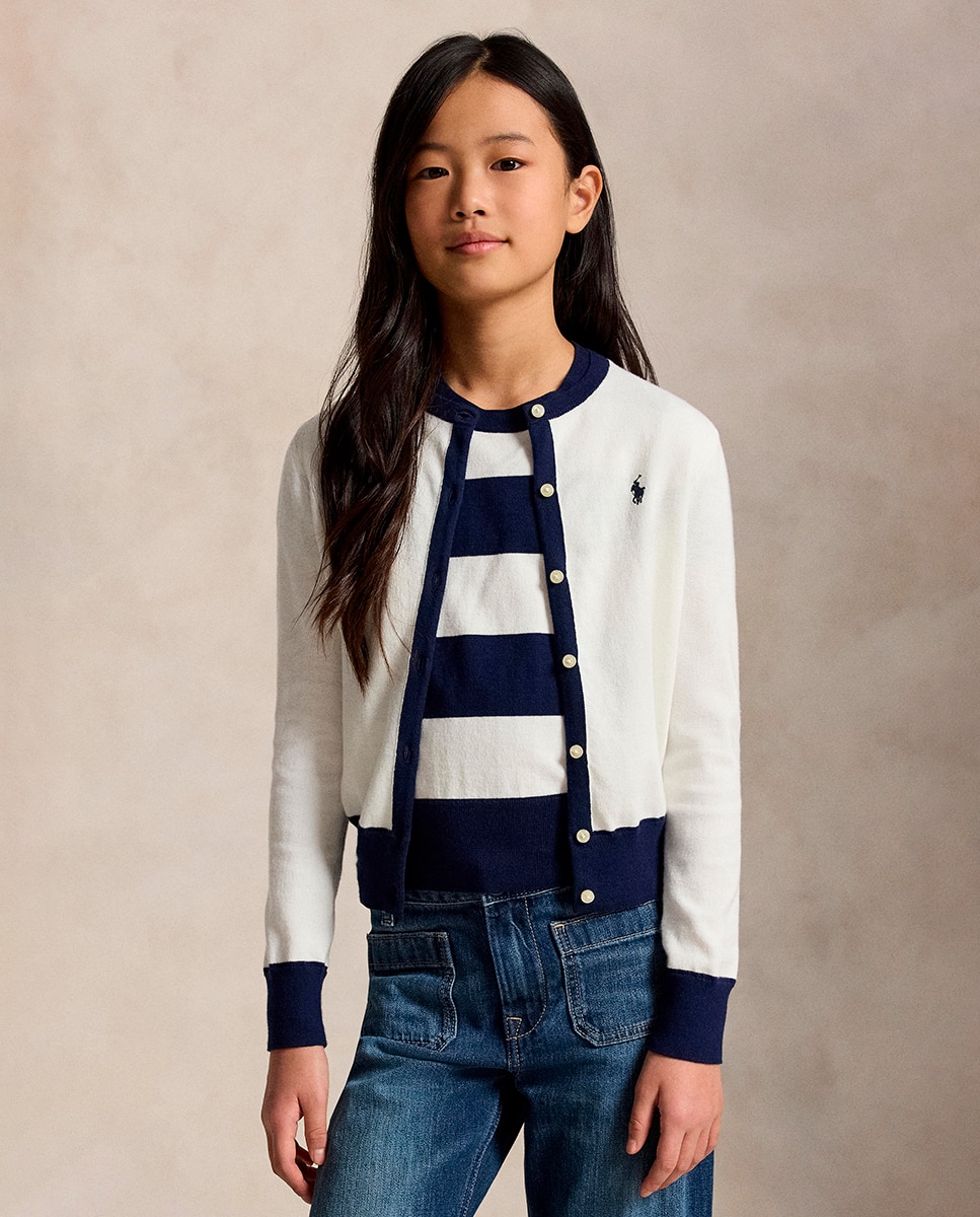 Conjunto de Cardigan e Top de Algodão Azul / Branco-4