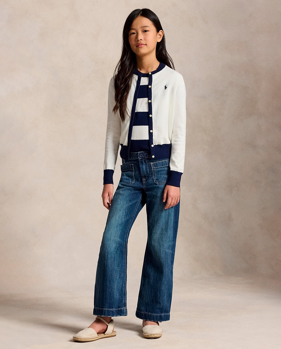 Conjunto de Cardigan e Top de Algodão Azul / Branco-5