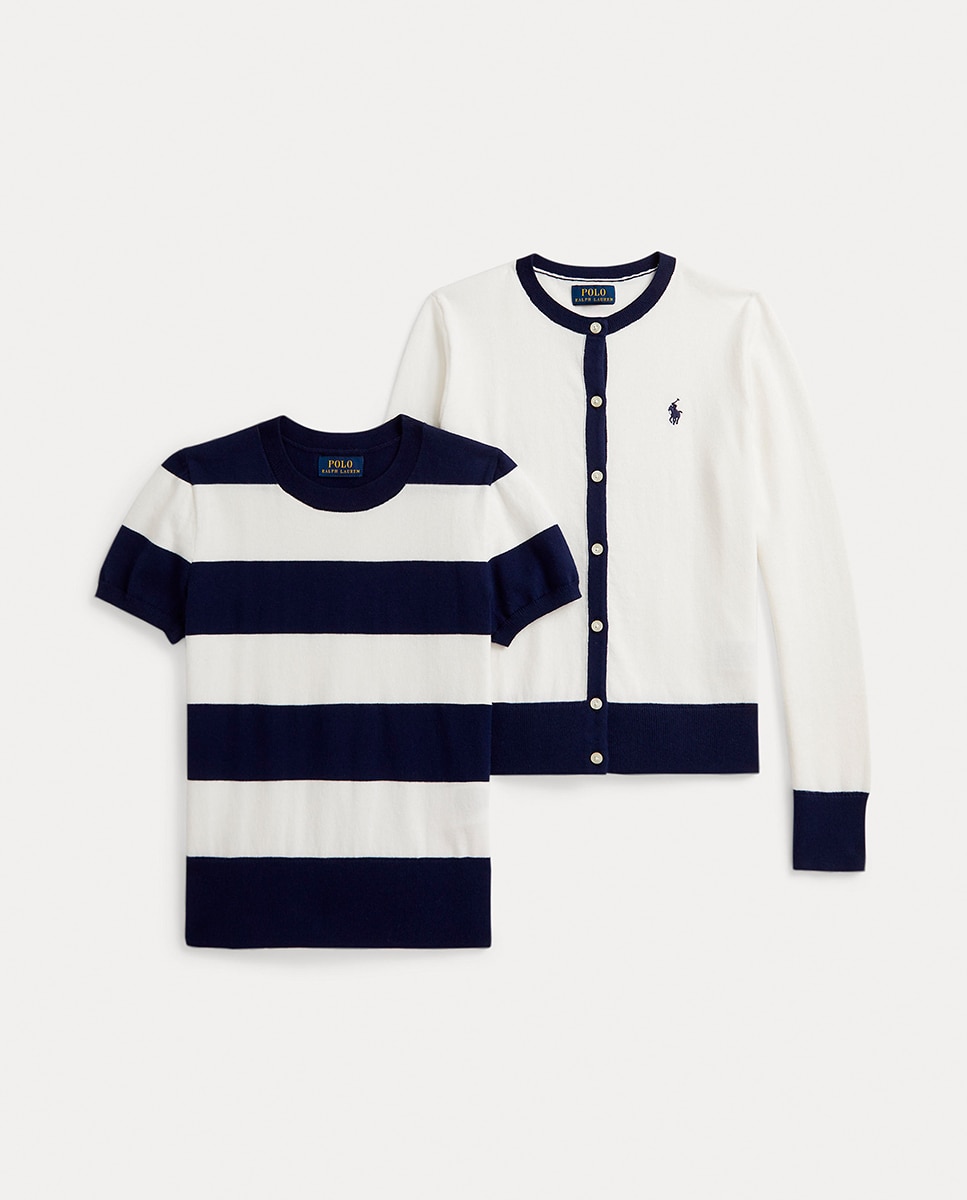 Conjunto de Cardigan e Top de Algodão Azul / Branco-6