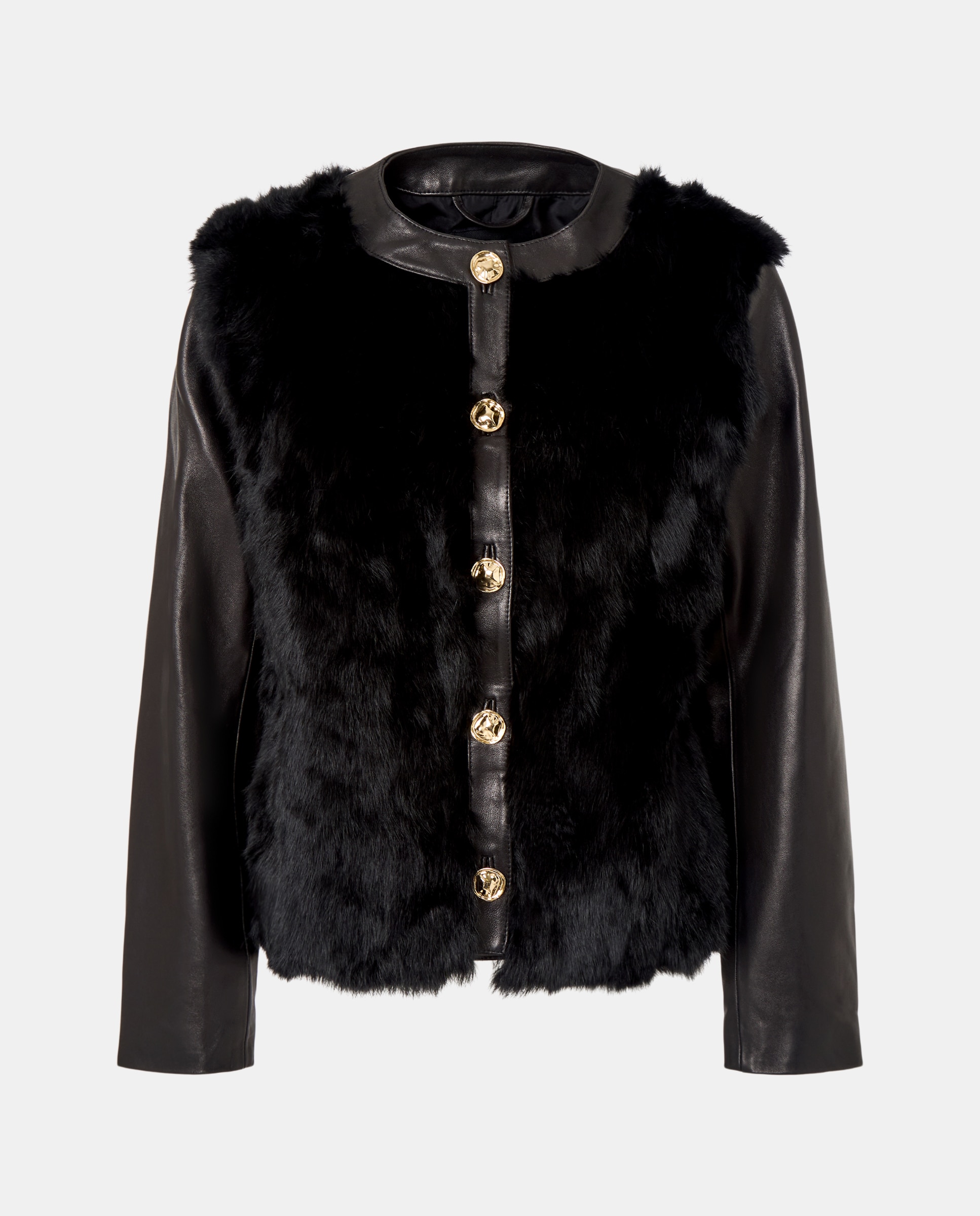 Casaco de Napa/Pelo com Botão Dourado Preto-5