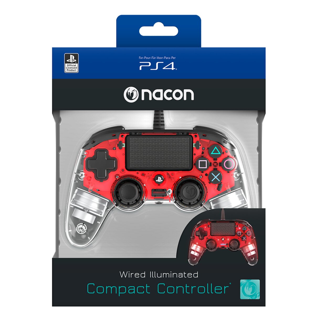 Mando con cable (rojo transparente iluminado) Nacon para PS4 y PC 7