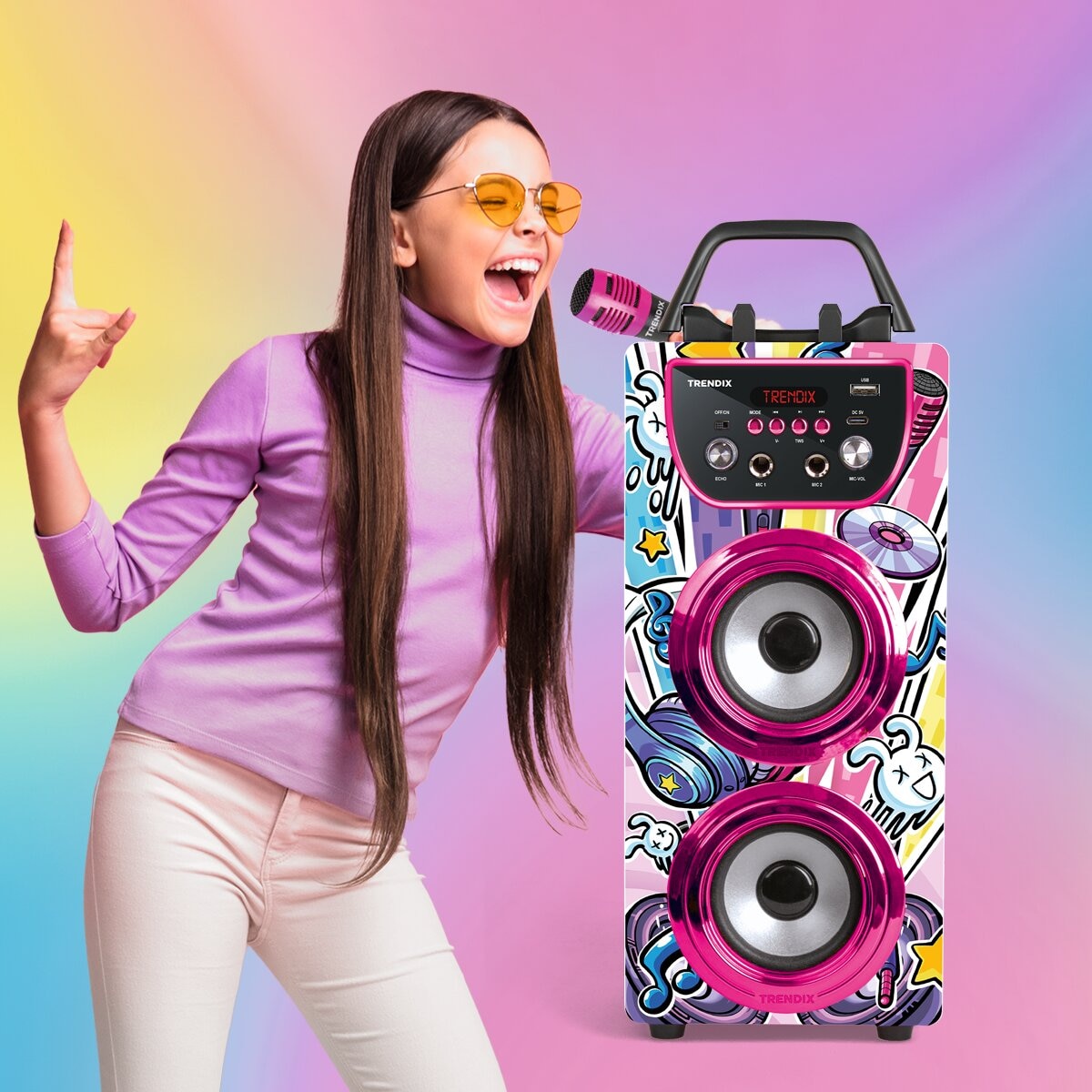 Altavoz Karaoke Trendix dos microfonos, efecto eco. 3