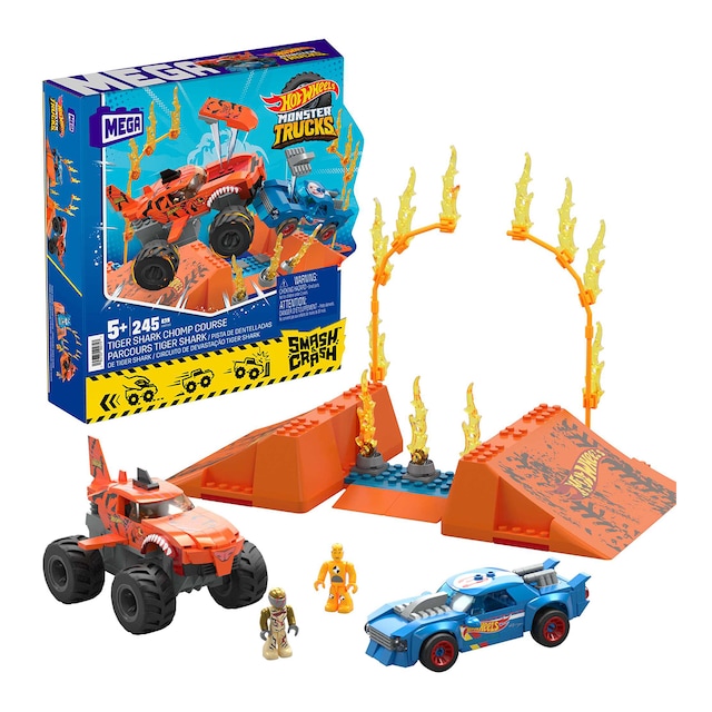 MEGA Construx Coches de bloques de construcción con pista Tiger Shark Hot Wheels Monster Trucks