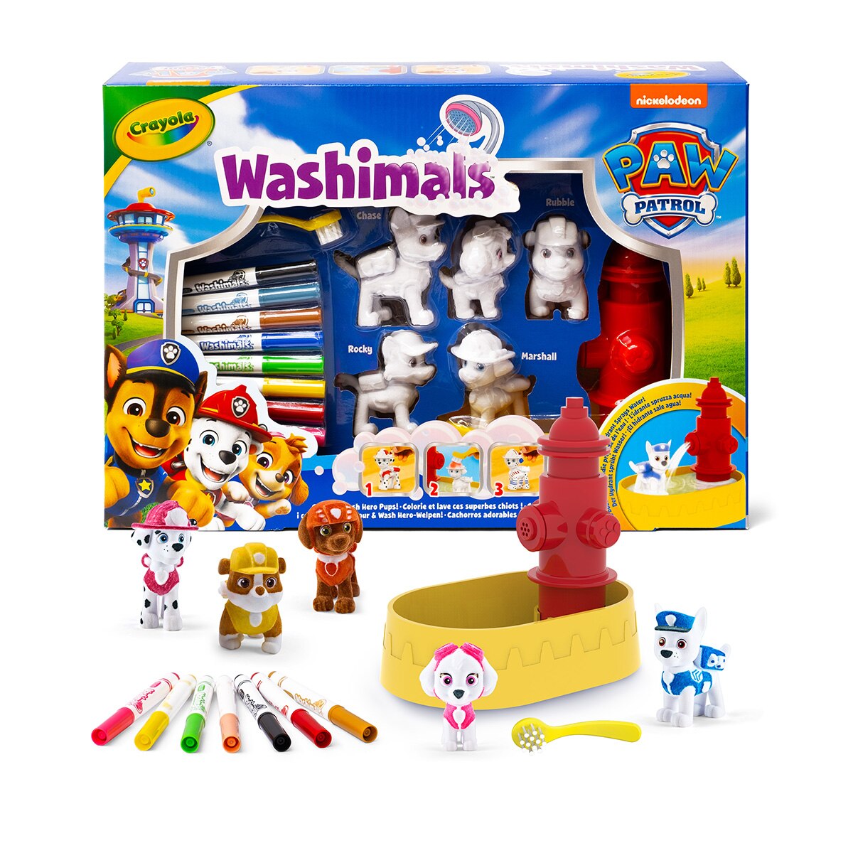 Crayola – Washimals Paw Patrol – Set 5 mascotas con Bañera Boca de Incendios.