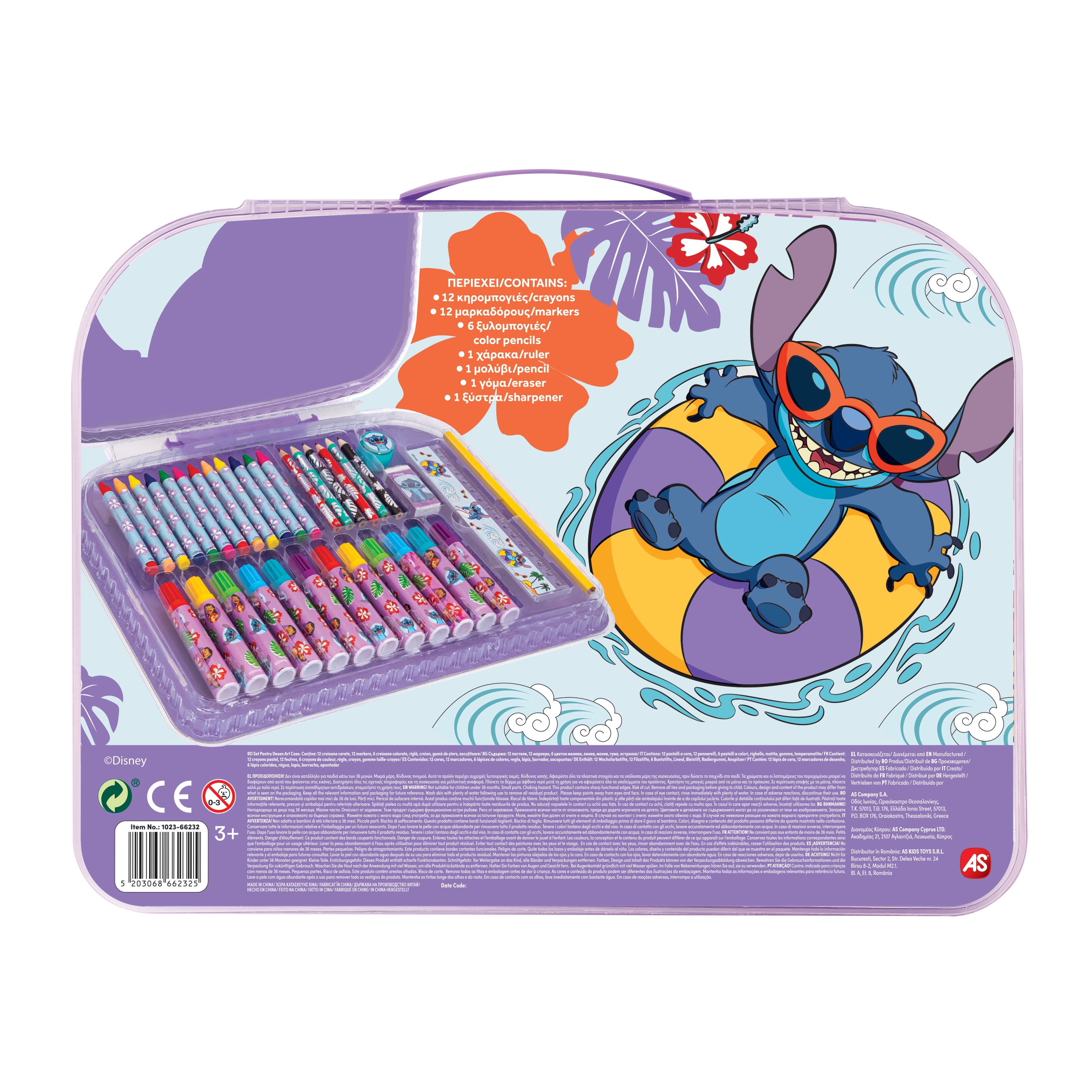 Maletín De Arte Stitch Con 12 Ceras, 12 Rotuladores, 6 Lápices De Colores, Regla, Goma Y Sacapuntas, Todo En Estuche Práctico, Para Niños A Partir De 3 Años