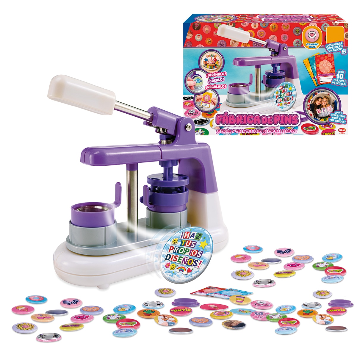 Juego de manualidades Fabrica de pins con moldes para pins, llaveros y clips Bizak 1