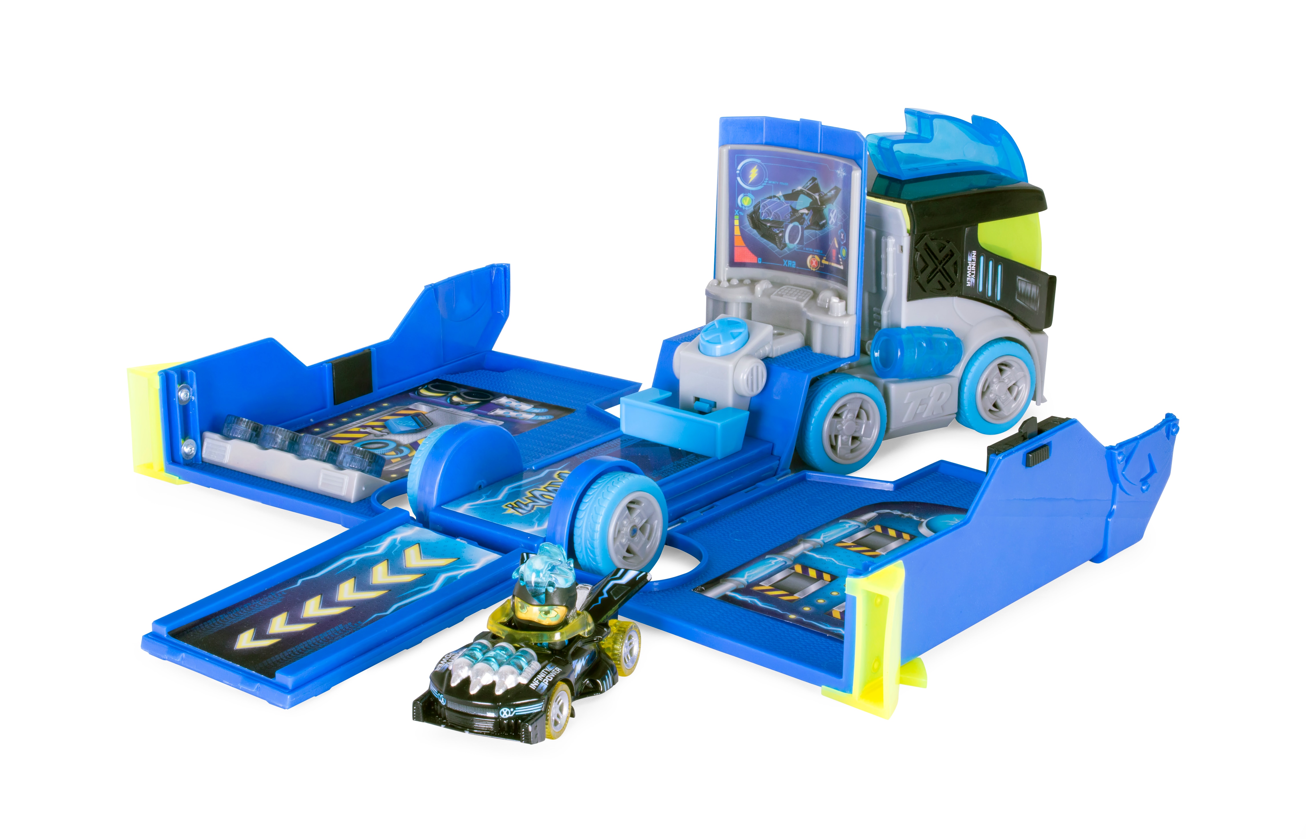 T-Racers Mix 'N Race Thunder Truck – Camión Lanzador 3 En 1 Con Zona De Personalización, Tirador Y Aparcamiento Para 7 Coches, Incluye Vehículo Exclusivo Turbo Flame