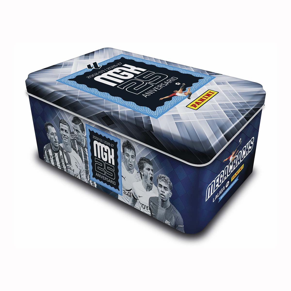 Imagen 0 de Tin Box con 35 cartas de Megacracks La Liga 25 Aniversario 20026/2027 Panini