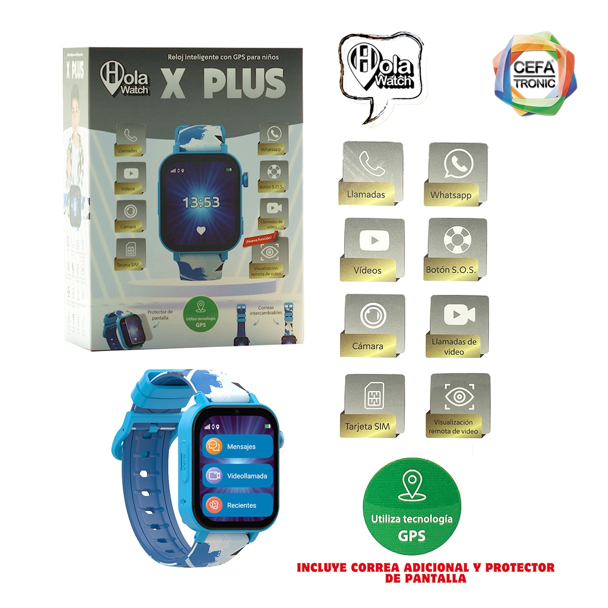 Reloj Inteligente Holawatch "X Plus Blue Android " con correas intercambiables y protector de pantalla 10