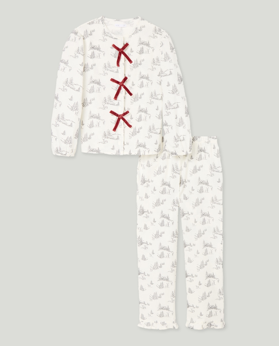 Pijama de niña de franela lazos Navidad Blanco roto-1