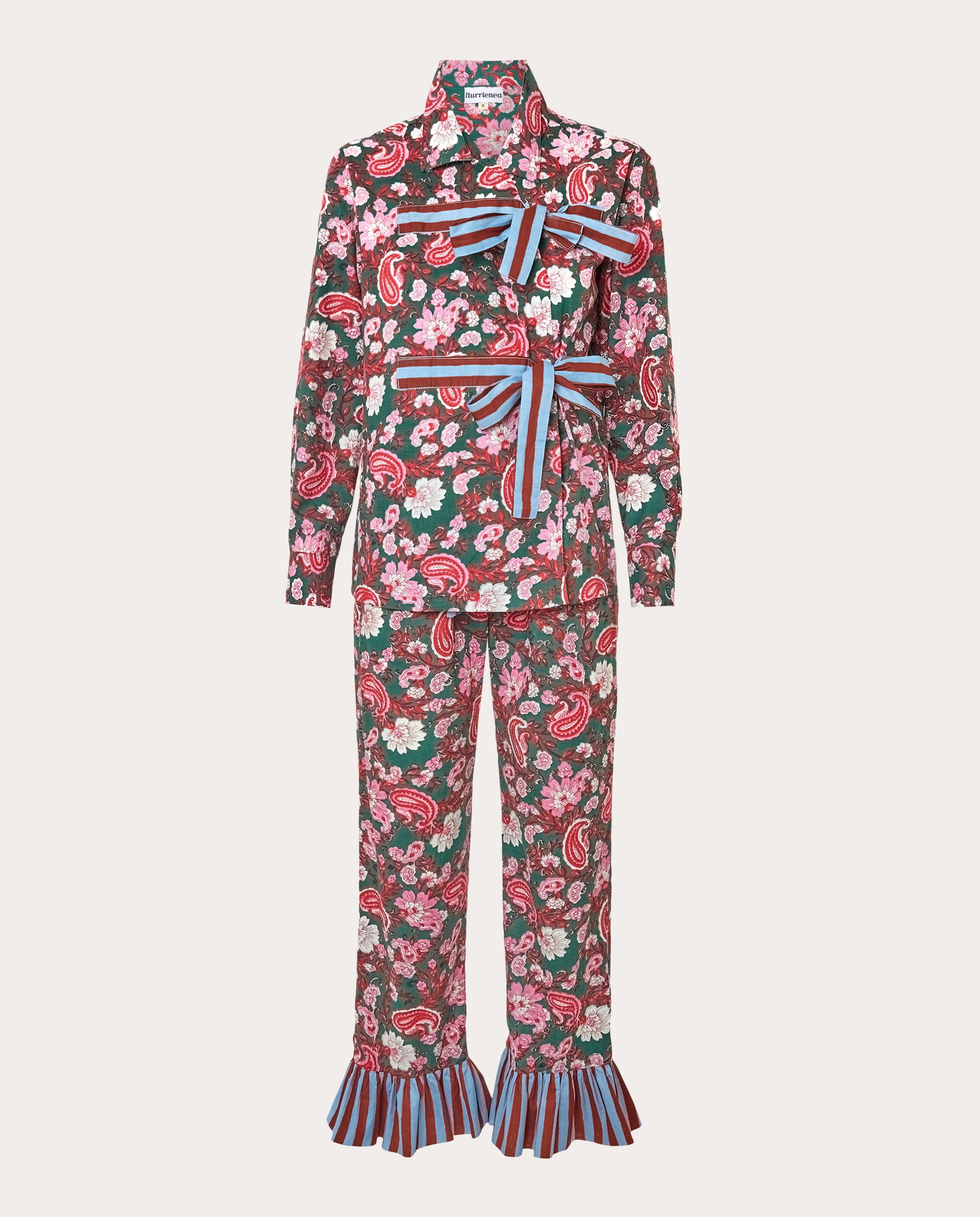 Imagen 0 de Pijama largo floral con lazos Verde