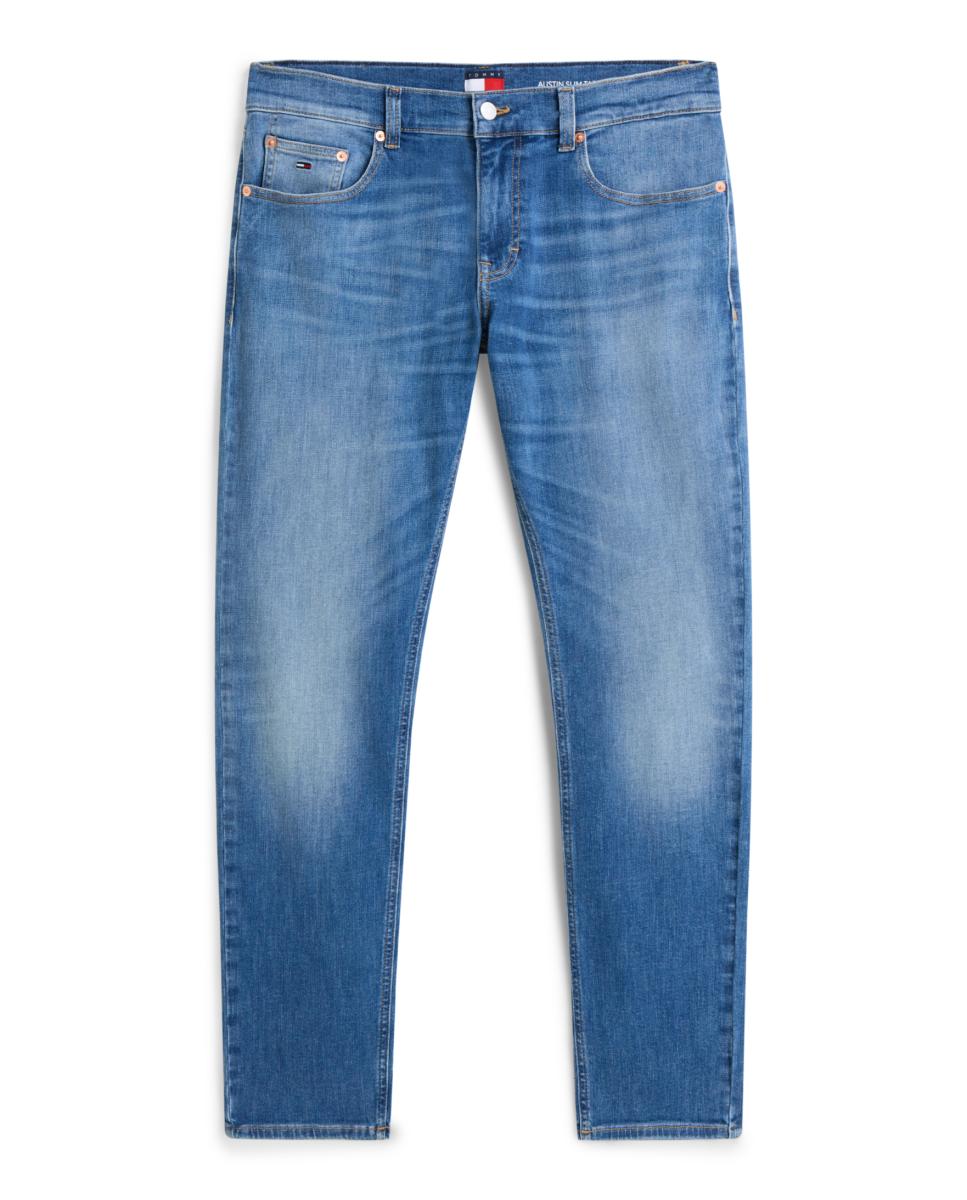 Jeans Slim Tapered com Desenho de Cinco Bolsos e Fecho de Correr e Botão Azul-5
