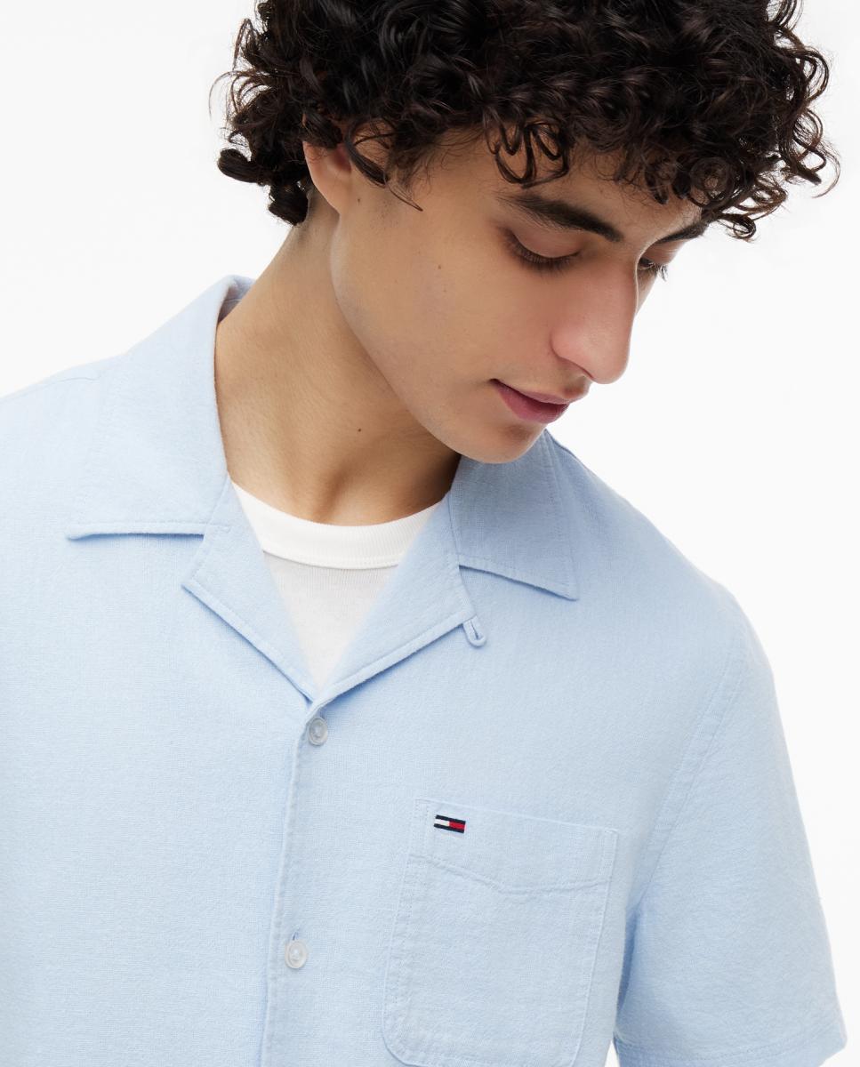 Camisa de Linho Regular Fit com Manga Curta Azul-claro-3